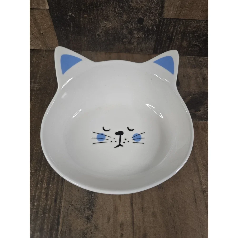 White Ceramic Cat Shaped Pet Bowl Blue Ears Sleeping Face Whisker Friendly Dish
